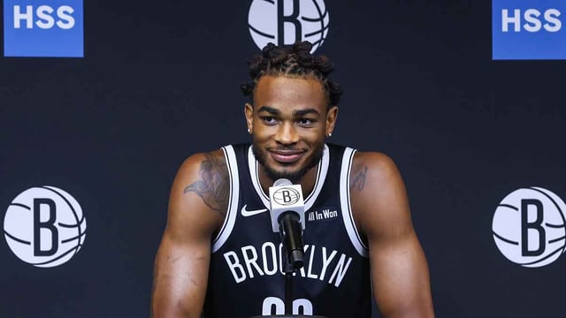 Sep 23, 2025; Brooklyn, NY, USA; Brooklyn Nets center Nic Claxton (33) speaks at Media Day. Mandatory Credit: Wendell Cruz-Imagn Images