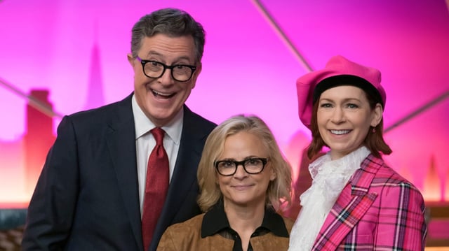 Stephen Colbert as Scotty Bristol, Amy Sedaris as Laurel Hammond-Muntz, and Carrie Preston as Elsbeth Tascioni in 'Elsbeth' Season 3 Episode 1