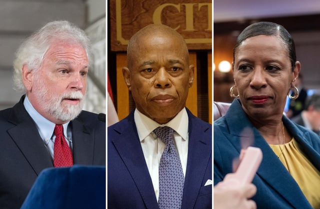 From left, First Deputy Mayor Randy Mastro, Mayor Eric Adams and City Council Speaker Adrienne Adams. (Barry Williams and Gardiner Anderson / New York Daily News; Emil Cohen / NYC Council Media Unit)
