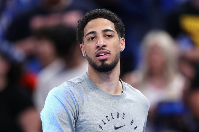 OKLAHOMA CITY, OKLAHOMA - JUNE 22: Tyrese Haliburton #0 of the Indiana Pacers warms up before playing the Oklahoma City Thunder in Game Seven of the 2025 NBA Finals at Paycom Center on June 22, 2025 in Oklahoma City, Oklahoma.