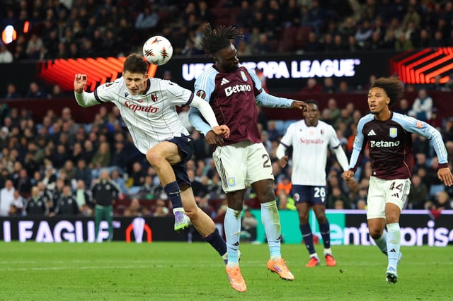 Soccer Football - UEFA Europa League - Aston Villa v Bologna - Villa Park, Birmingham, Britain - September 25, 2025 Bologna's Martin Vitik heads at goal Action Images via Reuters/Andrew Boyers