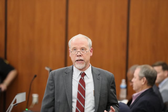 South Carolina Senior Assistant Deputy Attorney General Creighton Waters presents the state's case against Russell Laffitte as he pleads guilty in state court to bank fraud charges for his role in helping Alex Murdaugh steal money, Thursday, Sept. 25, 2025, in Columbia, S.C. (AP Photo/Jeffrey Collins)
