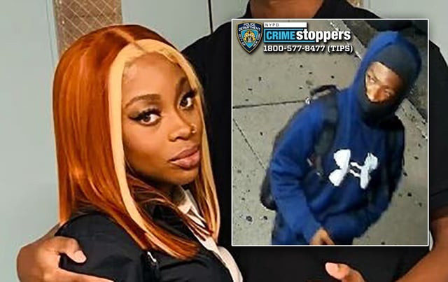 The NYPD released surveillance images of the gunman (inset) wanted for shooting Dashanna Donovan to death as he chased her into her Queens home. (NYPD)