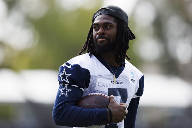 Trevon Diggs #7 of the Dallas Cowboys during a joint practice against the Los Angeles Rams at River Ridge Playing Fields on August 8, 2024 in Oxnard, California