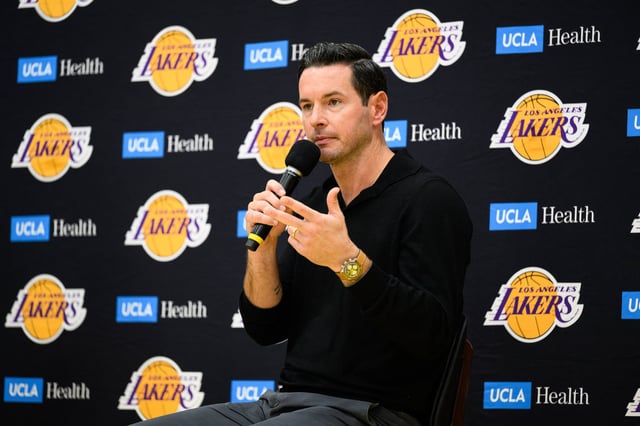 Sep 25, 2025; El Segundo, CA, USA; Los Angeles Lakers head coach JJ Redick speaks during a press conference to preview the 2025-26 season at UCLA Health Training Center. Mandatory Credit: William Liang-Imagn Images