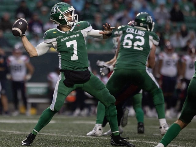 Saskatchewan Roughriders quarterback Trevor Harris (7) throws the ball during regular  season CFL action inside Mosaic Stadium on Saturday, September 13, 2025 in Regina.