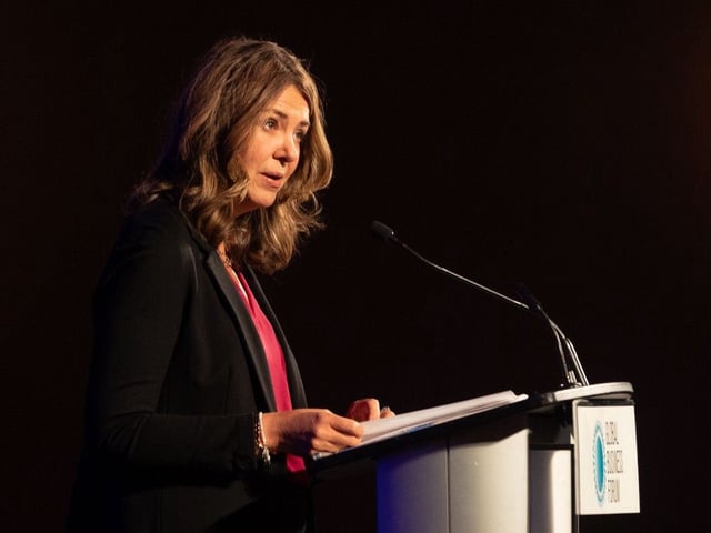  Premier Danielle Smith speaks Thursday at the Global Business Forum. Smith addressed reporters the same day about a potential deal with Alberta teachers.