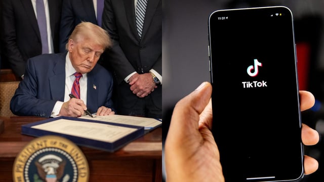 Trump signing an executive order (left) Tiktok app on a phone screen (right)
