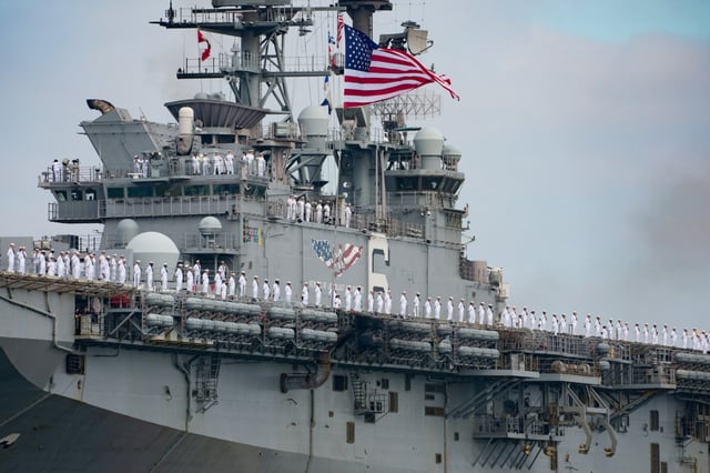 The USS America, pictured making her way down San Diego Bay on Thursday, was soon a familiar sight in the city and will soon undergo $200 million in maintenance and upgrades at General Dynamics-NASSCO in Barrio Logan. (Nelvin C. Cepeda / The San Diego Union-Tribune)