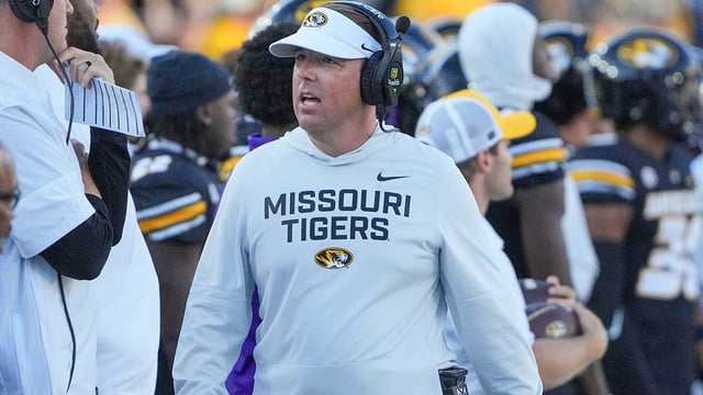 Aug 28, 2025; Columbia, Missouri, USA; Missouri Tigers head coach Eli Drinkwitz on field against the Central Arkansas Bears during the game at Faurot Field at Memorial Stadium. Mandatory Credit: Denny Medley-Imagn Images