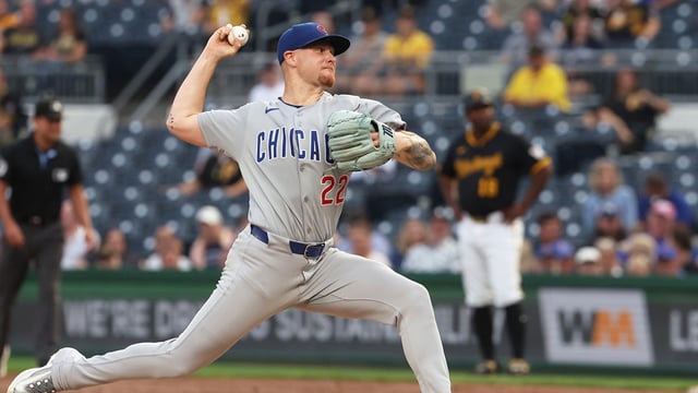 Sep 16, 2025; Pittsburgh, Pennsylvania, USA; Chicago Cubs starting pitcher Cade Horton (22) delivers a pitch against the Pittsburgh Pirates during the first inning at PNC Park. Mandatory Credit: Charles LeClaire-Imagn Images
