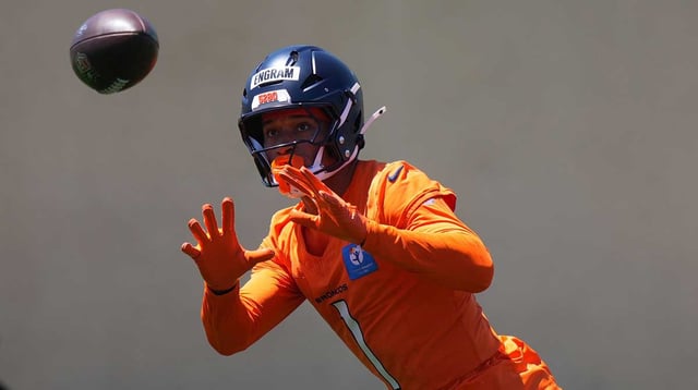 Jun 10, 2025; Denver, CO, USA; Denver Broncos tight end Evan Engram (1) during minicamp at Broncos Park Powered by CommonSpirit. Mandatory Credit: Ron Chenoy-Imagn Images
