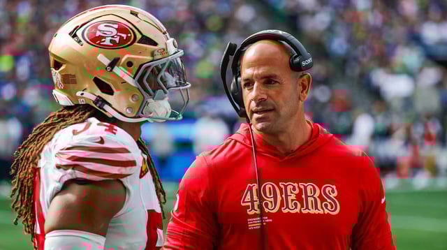 Sep 7, 2025; Seattle, Washington, USA; San Francisco 49ers defensive coordinator Robert Saleh talks with linebacker Fred Warner (54) during the fourth quarter against the Seattle Seahawks at Lumen Field. Mandatory Credit: Joe Nicholson-Imagn Images