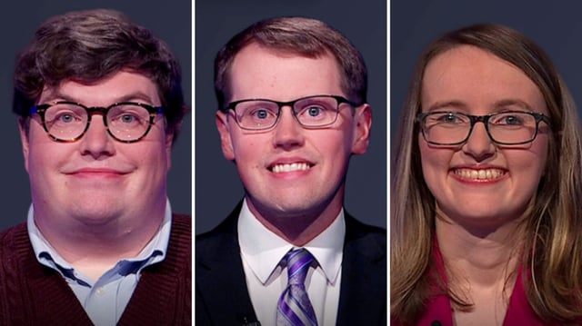 'Jeopardy!' Season 43, contestants (from left) Erik Charles Neilsen, Steven Olson, and Vickie Talvola, on September 25, 2025