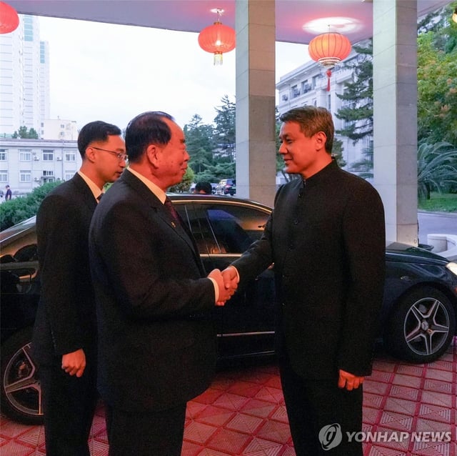 This image captured from the Chinese Embassy in Pyongyang shows Kang Yun-sok (L), vice chairman of the Supreme People's Assembly standing committee, shaking hands with Wang Yajun, China's ambassador to North Korea. (PHOTO NOT FOR SALE) (Yonhap)