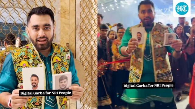 Viraj Ghelani performed a lively garba while holding pics of his NRI friends.