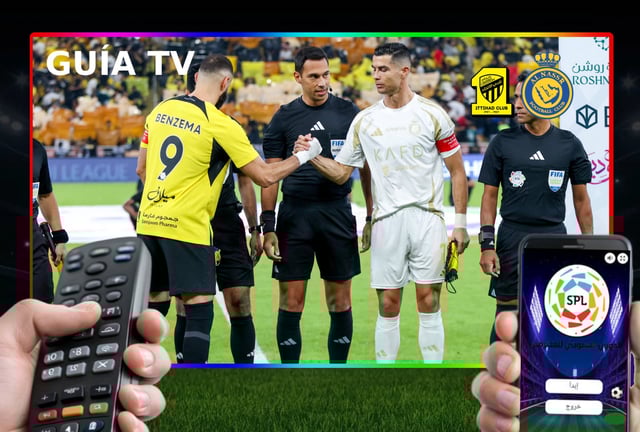 YEDA (ARABIA SAUDITA), 26/09/2025.- Lista de horarios y canales de televisión de diferentes países del mundo para ver el partido entre Al-Ittihad y Al-Nassr por la fecha 4 de la Saudí Pro League 2025-26 desde el King Abdullah Sports City de Yeda, Arabia Saudita. Composición fotográfica de Noé Yactayo con foto de AFP