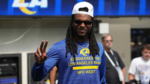 Aug 16, 2025; Inglewood, California, USA; Los Angeles Rams wide receiver Davante Adams reacts during a game against the Los Angeles Chargers at SoFi Stadium. Mandatory Credit: Kirby Lee-Imagn Images
