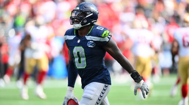 Sep 7, 2025; Seattle, Washington, USA; Seattle Seahawks defensive end DeMarcus Lawrence (0) reacts after a play during the second half against San Francisco 49ers at Lumen Field. Mandatory Credit: Steven Bisig-Imagn Images