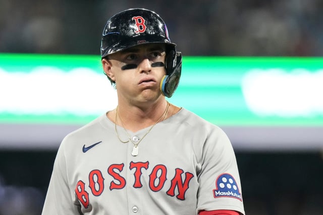 Boston Red Sox's Romy Gonzalez reacts after flying out during the fifth inning of a baseball game against the Toronto Blue Jays in Toronto on Thursday, Sept. 25, 2025. (Chris Young/The Canadian Press via AP)