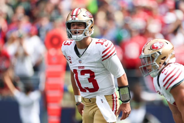 SEATTLE, WASHINGTON - SEPTEMBER 07: Brock Purdy #13 of the San Francisco 49ers calls out during the first half of the NFL 2025 game between San Francisco 49ers and Seattle Seahawks at Lumen Field on September 07, 2025 in Seattle, Washington. (Photo by Amanda Loman/Getty Images)