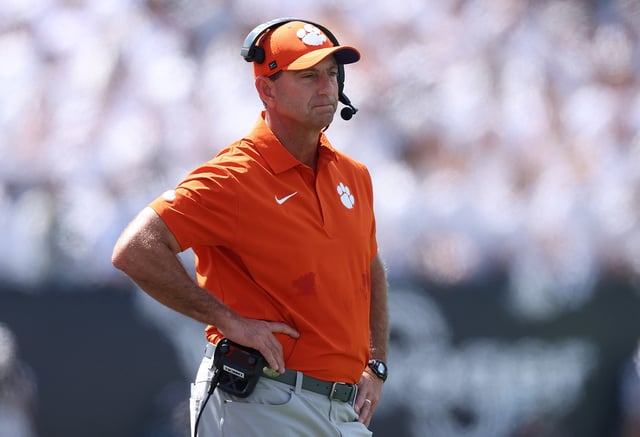 Head coach Dabo Swinney of the Clemson Tigers looks on during the first quarter of the game between the Clemson Tigers and Georgia Tech Yellow Jackets at Bobby Dodd Stadium on September 13, 2025 in Atlanta, Georgia.