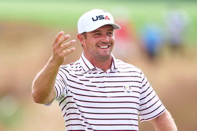FARMINGDALE, NEW YORK - SEPTEMBER 24: Bryson DeChambeau of Team United States reacts on the fifth hole prior to the Ryder Cup 2025 at Black Course at Bethpage State Park Golf Course on September 24, 2025 in Farmingdale, New York. (Photo by Mateo Villalba/Getty Images)