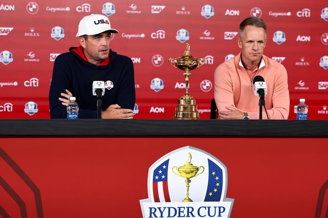 FARMINGDALE, NEW YORK - SEPTEMBER 22: Keegan Bradley, Captain of Team United States and Luke Donald, Captain of Team Europe speak in a press conference prior to the Ryder Cup 2025 at Black Course at Bethpage State Park Golf Course on September 22, 2025 in Farmingdale, New York. (Photo by Jared C. Tilton/Getty Images)