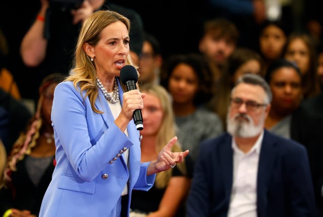 Democrat Mikie Sherrill responds to questions during the first general election gubernatorial debate with Republican opponent Jack Ciattarelli. Sunday, Sept. 21, 2025, in Lawrenceville, N.J. (AP Photo/Noah K. Murray)