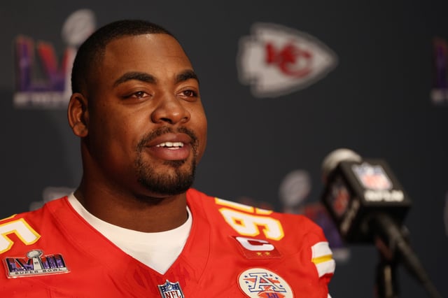 HENDERSON, NEVADA - FEBRUARY 08: Chris Jones of the Kansas City Chiefs speaks to the media during Kansas City Chiefs media availability ahead of Super Bowl LVIII at Westin Lake Las Vegas Resort and Spa on February 08, 2024 in Henderson, Nevada.