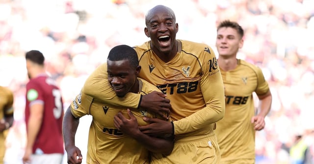 Tyrick Mitchell, left, celebrates scoring for Crystal Palace at West Ham last weekend. Getty Images