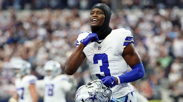 Sep 14, 2025; Arlington, Texas, USA; Dallas Cowboys wide receiver George Pickens (3) reacts after a play against the New York Giants during the fourth quarter at AT&T Stadium. Mandatory Credit: Kevin Jairaj-Imagn Images