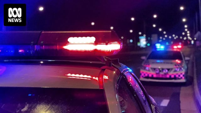 Two police cars on a city street at night, sirens blazing