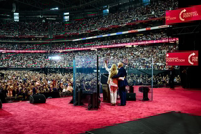 President Donald Trump takes the stage with Erika Kirk at the Memorial Service for Charlie Kirk at State Farm Stadium in Glendale, Arizona, Sunday, September 21, 2025. (Official White House Photo by Daniel Torok)