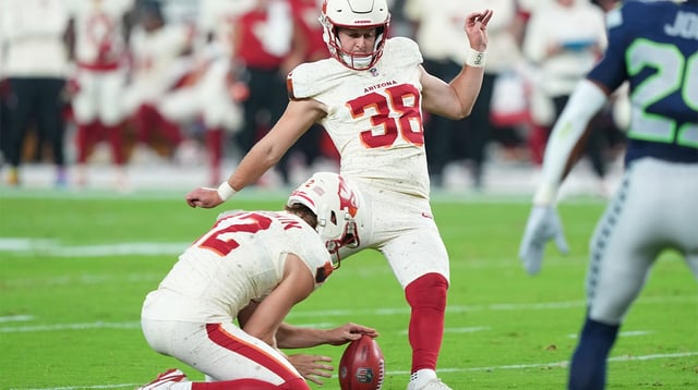 Sep 25, 2025; Glendale, Arizona, USA; Arizona Cardinals place kicker Chad Ryland (38) kicks a field goal against the Seattle Seahawks in the first quarter at State Farm Stadium. Mandatory Credit: Joe Camporeale-Imagn Images
