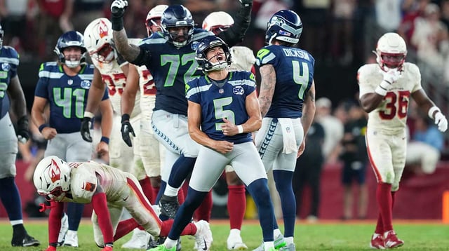 Sep 25, 2025; Glendale, Arizona, USA; Seattle Seahawks place kicker Jason Myers (5) celebrates after kicking a game-winning field goal against the Arizona Cardinals at State Farm Stadium. Mandatory Credit: Joe Camporeale-Imagn Images