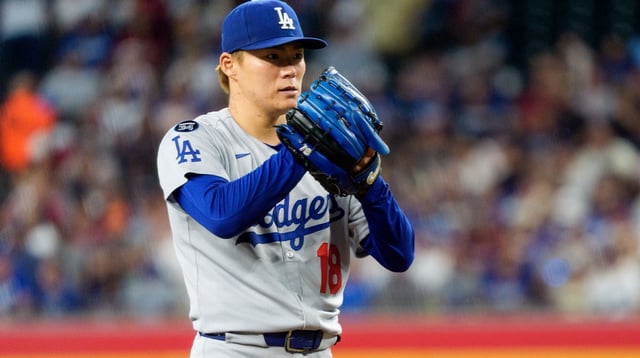 Sep 25, 2025; Phoenix, Arizona, USA; Los Angeles Dodgers pitcher Yoshinobu Yamamoto (18) on the mound in the seventh inning against the Arizona Diamondbacks at Chase Field. Mandatory Credit: Allan Henry-Imagn Images
