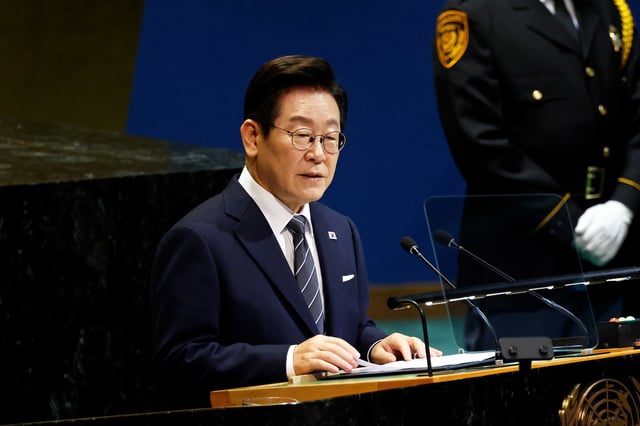 President of South Korea Lee Jae Myung speaks during the 80th session of the UN’s General Assembly (UNGA) at the United Nations headquarters on September 23, 2025 in New York City. 