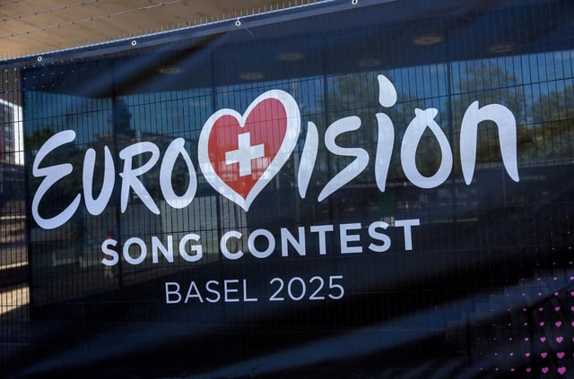 A logo of the Eurovision Song Contest is seen in front of the St. Jakobshalle in Basel, Switzerland, May 1, 2025. REUTERS/Denis Balibouse/File Photo