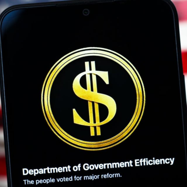 The Department of Government Efficiency (DOGE) logo is seen displayed on a smartphone screen.
