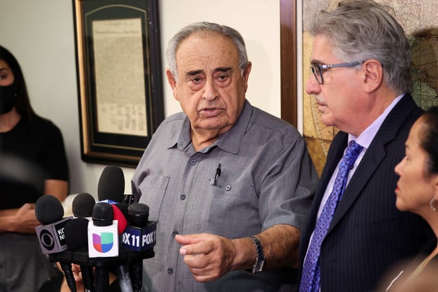 Car wash owner Rafie Ollah Shouhed speaks at a press conference in Los Angeles, California, on September 25, 2025. Shoued has filed a $50 million suit against the Homeland Security Department and related federal agencies claiming he was injured when agents body slammed and subjected him to other violent treatment during a September 9 immigration raid at his business. (Photo by Patrick T. Fallon / AFP) (Photo by PATRICK T. FALLON/AFP via Getty Images)