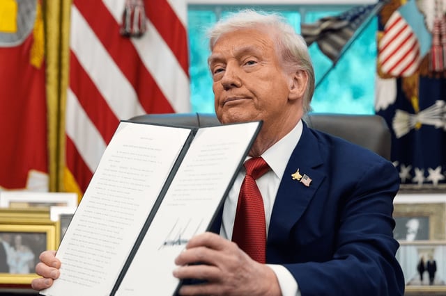 President Donald Trump holds a signed executive order regarding TikTok in the Oval Office at the White House on Thursday. (AP Photo/Alex Brandon)