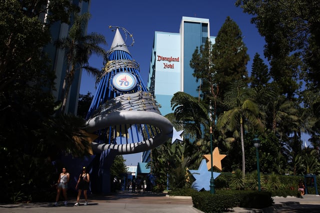 The magic hat entrance to the Disneyland Hotel is seen on Aug. 18, 2025, in Anaheim, Calif.