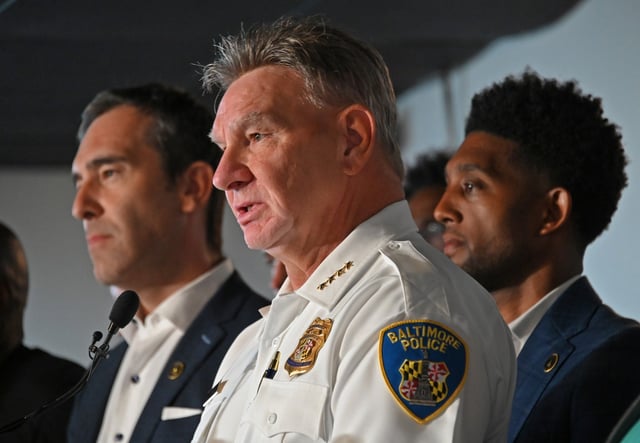 Police Commissioner Richard Worley,  Mayor Brandon Scott, City Council President Zeke Cohen, and other officials announce the expansion of the city’s Group Violence Reduction Strategy in Cherry Hill. (Lloyd Fox/Staff)