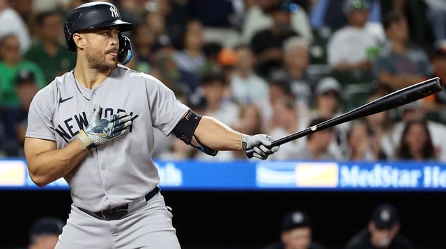 Sep 18, 2025; Baltimore, Maryland, USA; New York Yankees designated hitter Giancarlo Stanton (27) looks on during the fourth inning against the Baltimore Orioles at Oriole Park at Camden Yards. Mandatory Credit: Daniel Kucin Jr.-Imagn Images