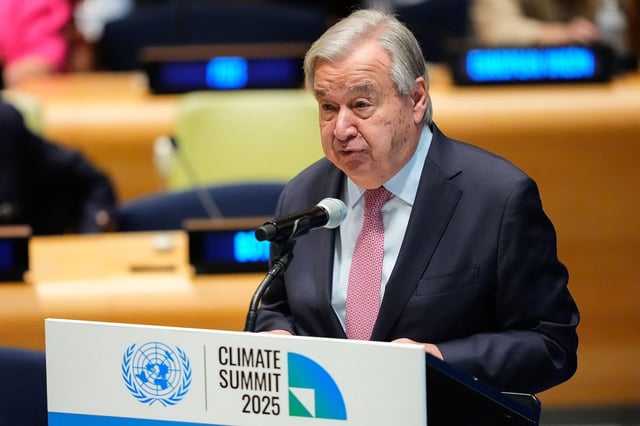 United Nations (UN) secretary general Antonio Guterres speaking at a UN climate summit. Credit: Associated Press / Alamy Stock Photo