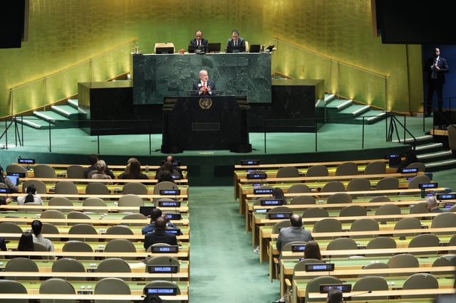 NEW YORK, NEW YORK - SEPTEMBER 26: Israeli Prime Minister Benjamin Netanyahu addresses world leaders during the United Nations General Assembly (UNGA) at the United Nations headquarters on September 26, 2025 in New York City. World leaders convened for the 80th Session of UNGA, with this year’s theme for the annual global meeting being “Better together: 80 years and more for peace, development and human rights.”