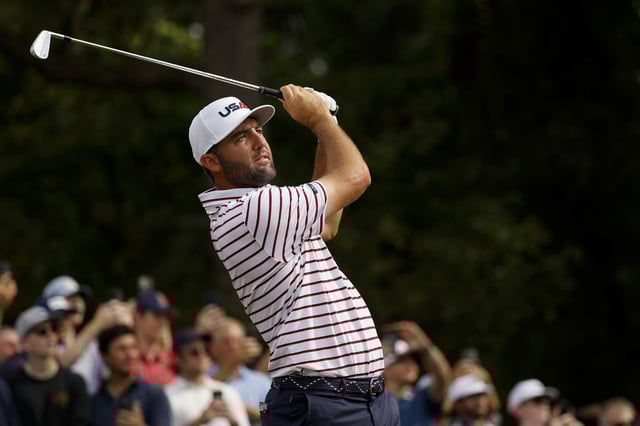Scottie Scheffler of Team United States plays a shot prior to the Ryder Cup 2025 at Black Course at Bethpage State Park Golf Course on Sept. 24, 2025 in Farmingdale, New York. 