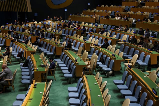 Seats are empty after delegations walked out during Israeli Prime Minister Benjamin Netanyahu's address at the 80th United Nations General Assembly (UNGA) at U.N. headquarters in New York City, U.S., September 26, 2025. REUTERS/Shannon Stapleton