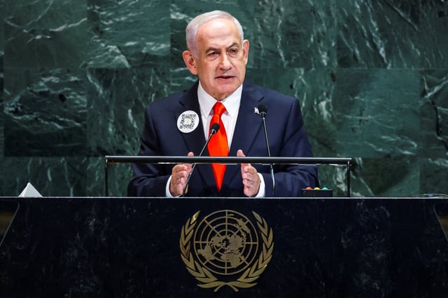 Israeli Prime Minister Benjamin Netanyahu addresses the 80th United Nations General Assembly (UNGA) at U.N. headquarters in New York City, U.S., September 26, 2025. REUTERS/Jeenah Moon